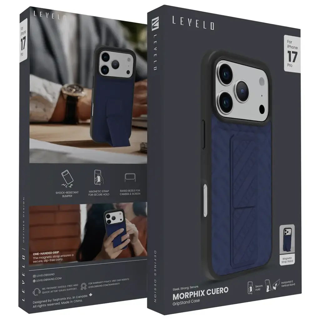 LEVELO MORPHIX SILICONE CASE WITH LEATHER GRIP FOR IPHONE 17 PRO MAX - DARK BLUE LVLMRPS17PMDBK