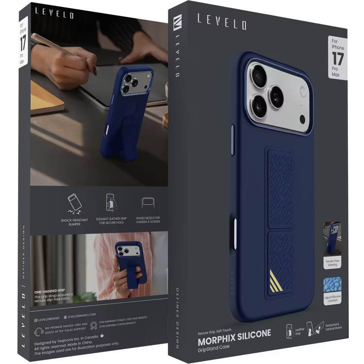 LEVELO MORPHIX SILICONE CASE WITH LEATHER GRIP FOR IPHONE 17 PRO - DARK BLUE {LVLMRPS17PDBK}
